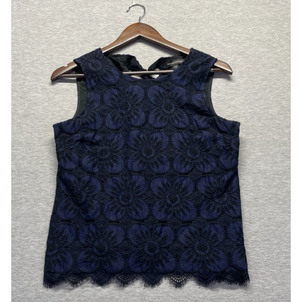Banana Republic Tank Top Womens XS Blue Black Lace Floral Scalloped Hem Tie Back